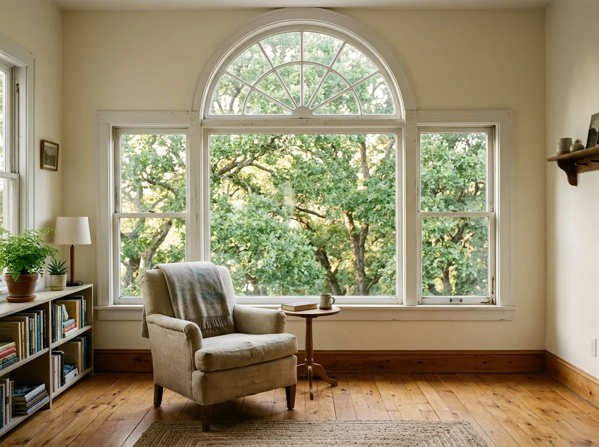 Living room with a large fixed picture window topped by a half-round arched transom, oak trees outside