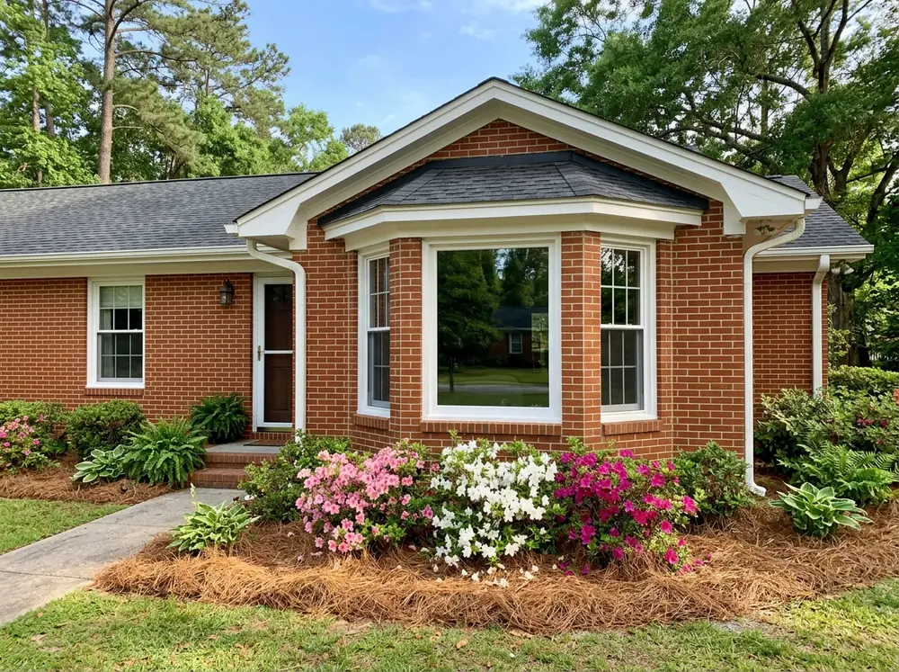 A three-unit angled bay window on a brick ranch house, a large fixed center pane between two narrower double-hung side windows, a small shingled hip roof above