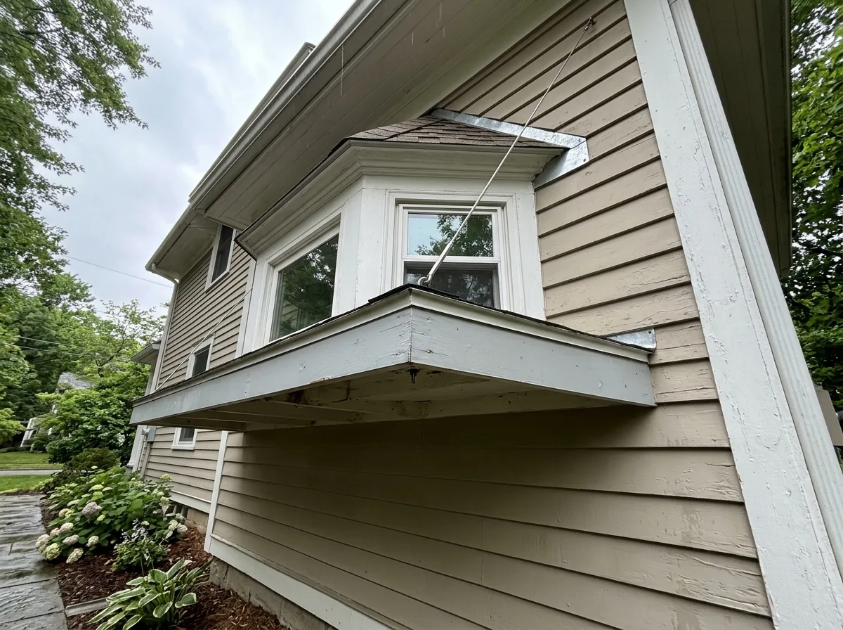 Underside of a bay window seen from outside, two steel support cables running from the seat board up to a soffit overhang