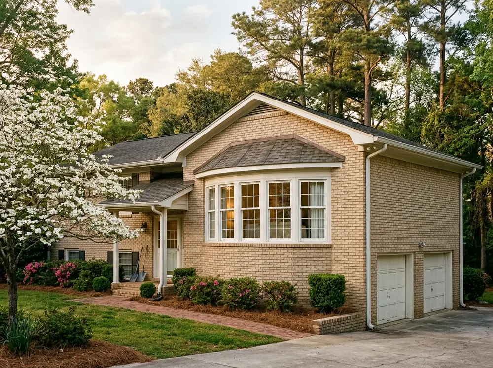 A gently curved five-unit bow window on a tan-brick split-level house, all units equal width, under a curved shingled roof