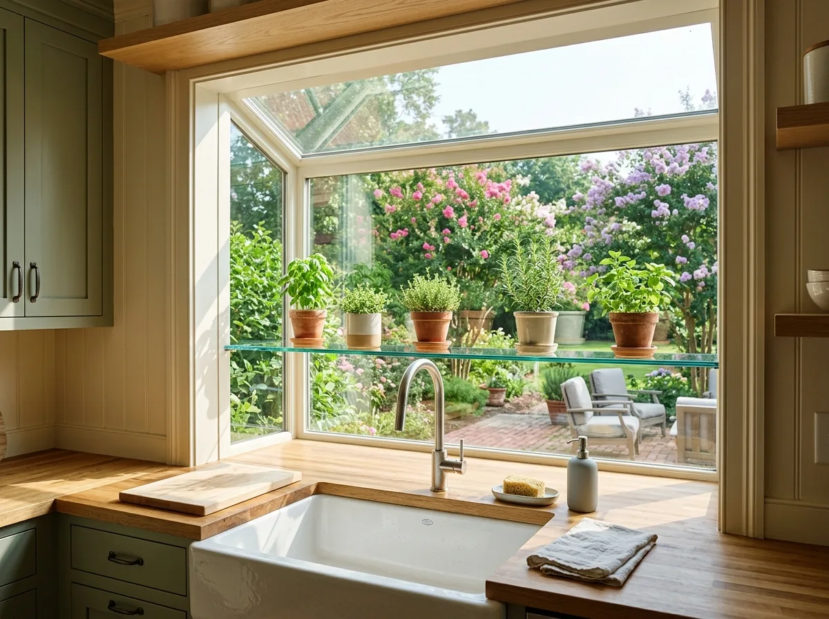 A garden window projecting from a kitchen wall over the sink, with glass sides, a sloped glass roof and potted herbs on its shelf