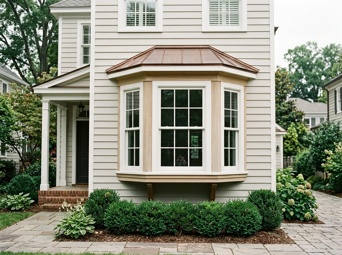 Two-story white-sided house with a three-unit bay window projecting from the front wall, a small copper-colored roof over it and boxwoods below