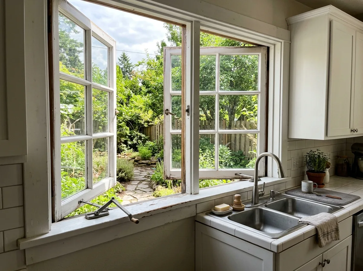 An open casement window above a kitchen sink, cranked outward with the folding handle on the sill