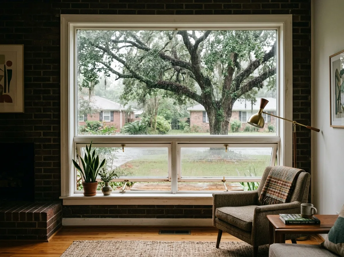 Wide awning window open at the bottom under a large fixed picture window in the living room of a brick ranch, light rain on the glass outside