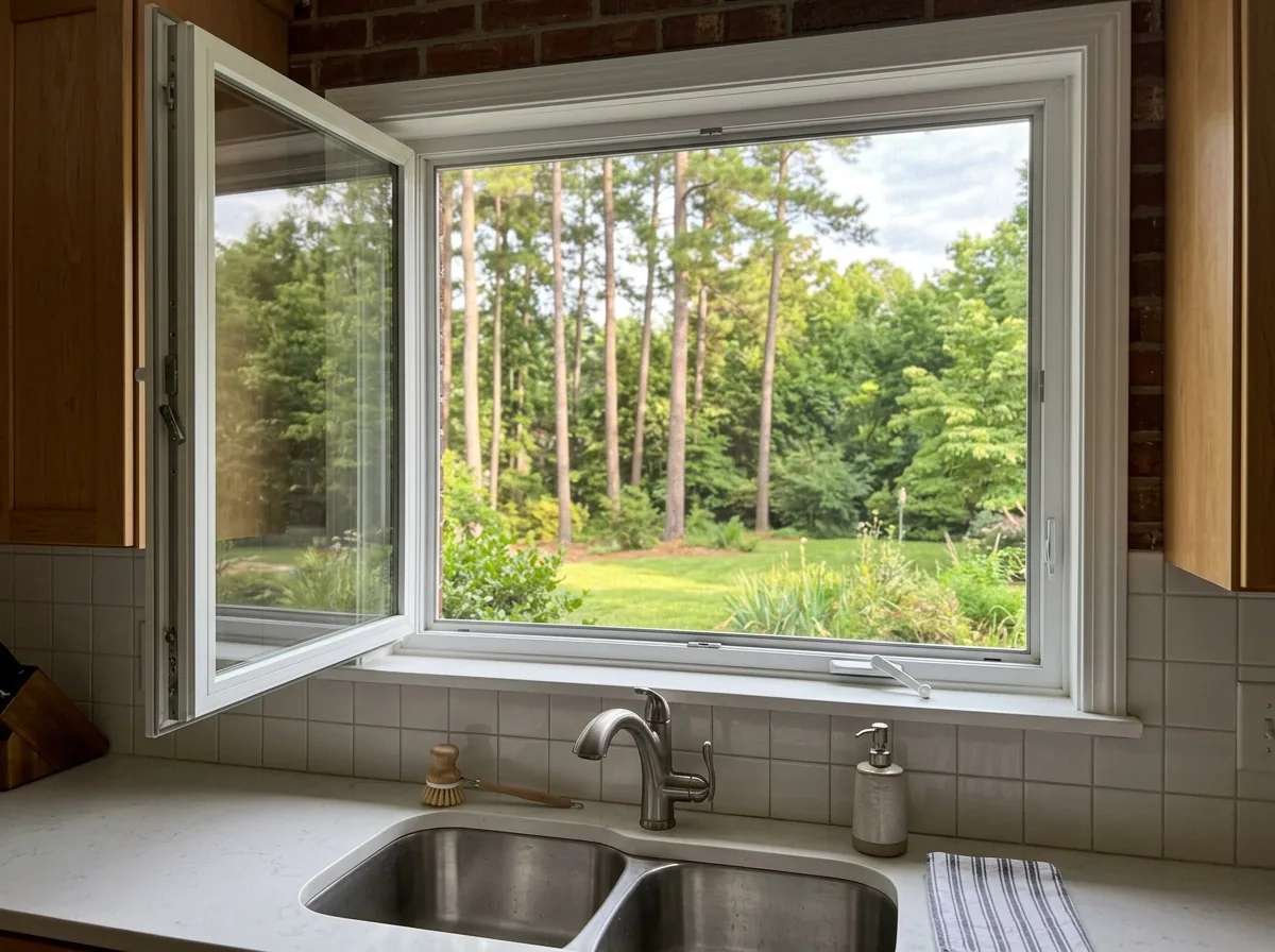 White vinyl casement window cranked open about halfway over a kitchen sink, hinge on the left side, folding crank handle on the sill, pine trees outside