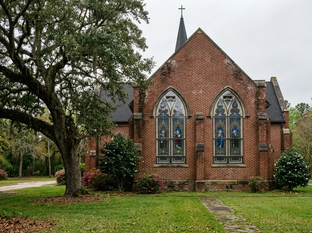 Brick church with tall arched windows, clear vented protective glazing mounted over leaded stained glass panels, viewed from the lawn on an overcast day
