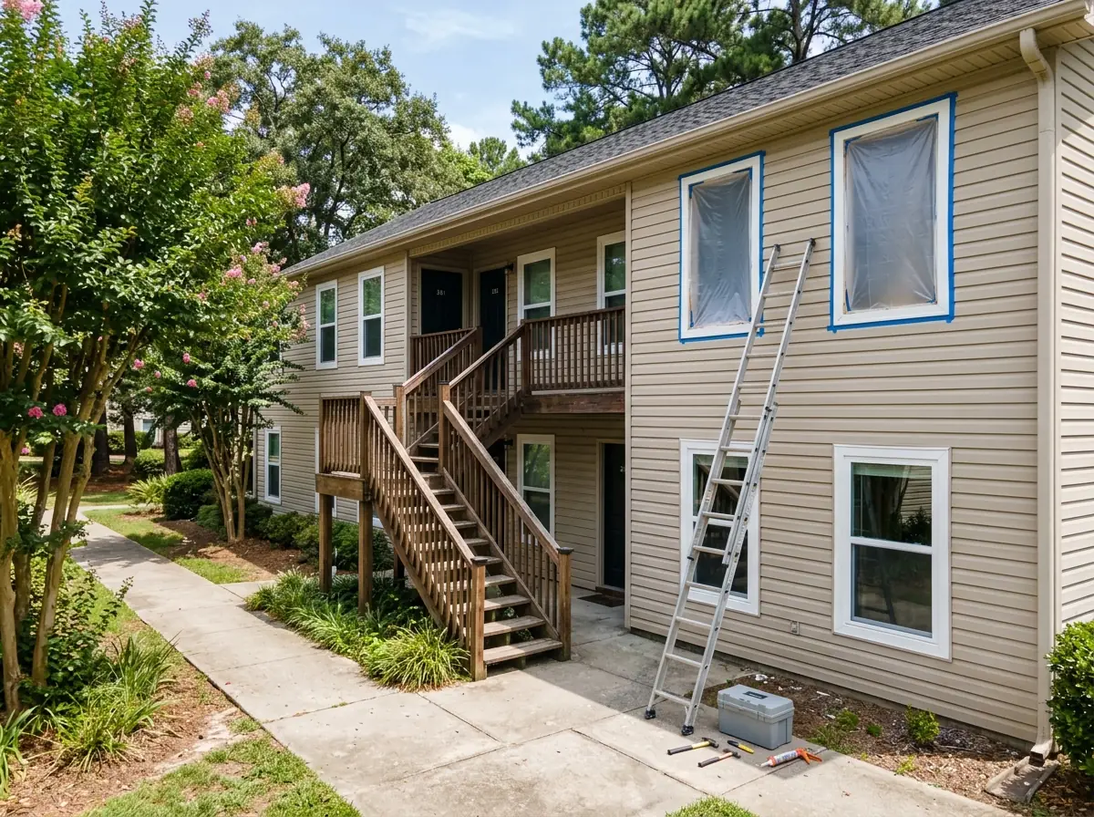 Two-story garden apartment building with white vinyl replacement windows going in unit by unit, a ladder against one wall and plain gray unbranded tools on the walkway