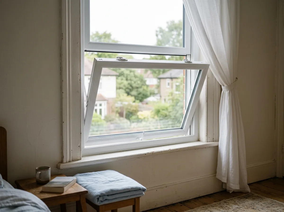 A new white double-hung window in a bedroom with the lower sash tilted inward to show the tilt latches