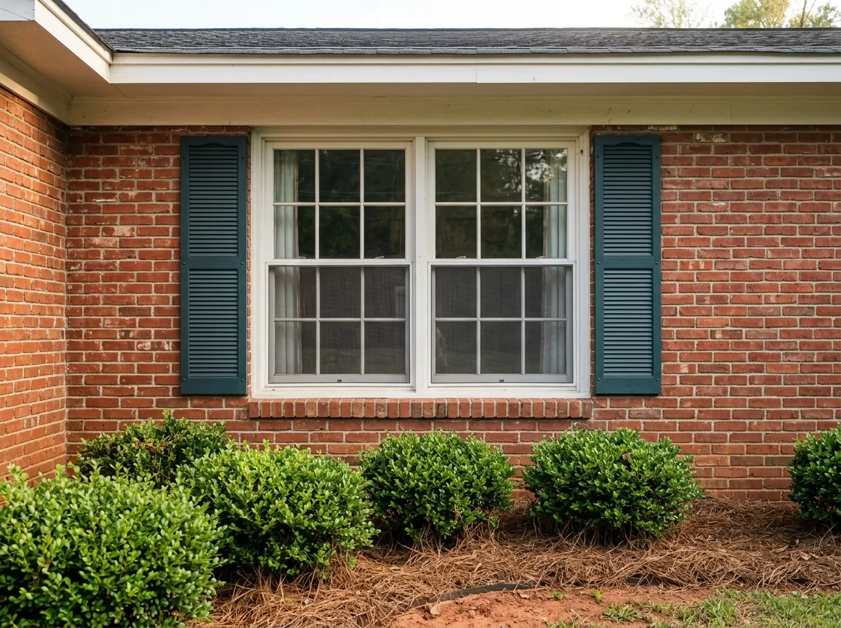Pair of white single-hung windows mulled together on the front of a red-brick ranch house, bottom sashes closed, boxwood shrubs and pine straw beds below