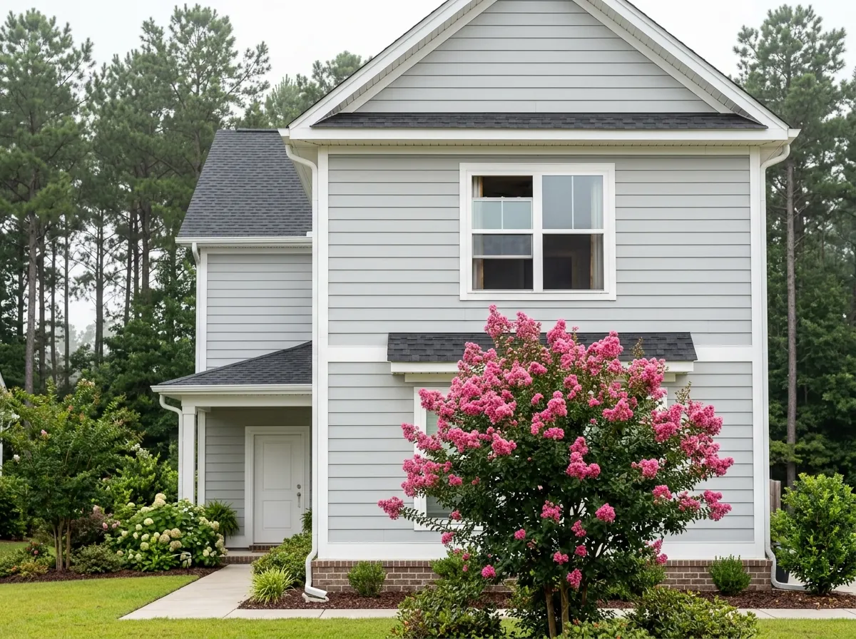 White double-hung window on the second floor of a gray two-story house, upper sash lowered a few inches and lower sash raised, crepe myrtle in bloom below