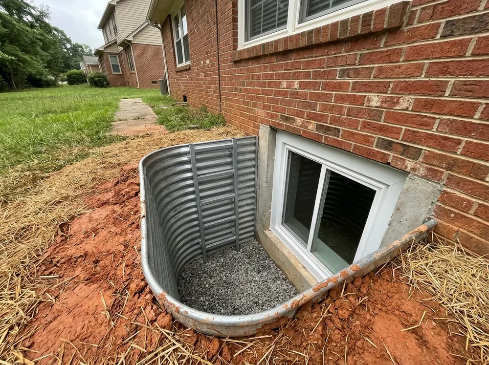 Basement egress window set in a poured concrete wall, with a corrugated metal window well around it and a steel ladder fixed to the well wall, red clay soil at the edge