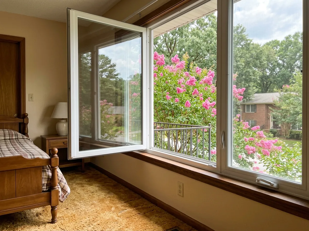 White casement window cranked fully open in a bedroom wall, the sash swung out at ninety degrees to leave the whole frame clear, crepe myrtle outside