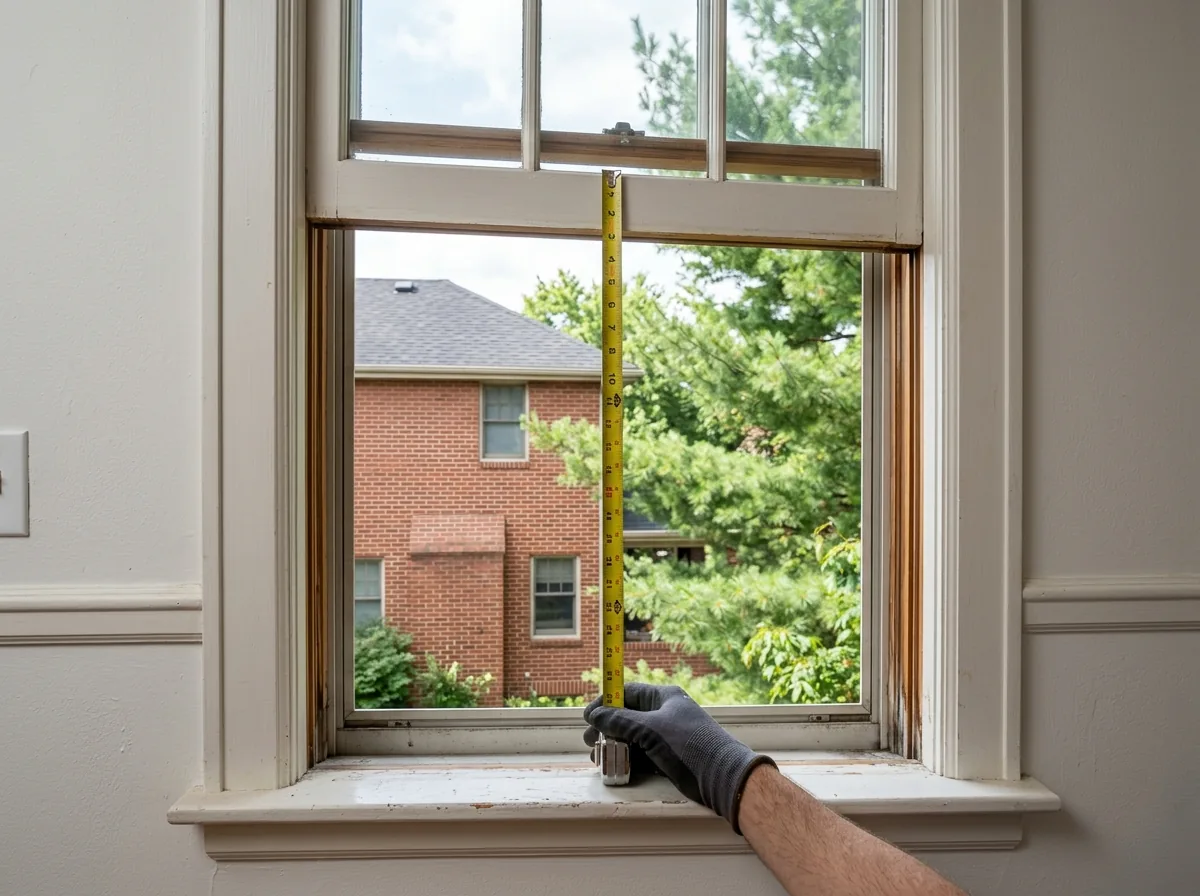 Tape measure stretched across the open lower sash of a double-hung bedroom window, measuring the clear height between the sill and the raised sash
