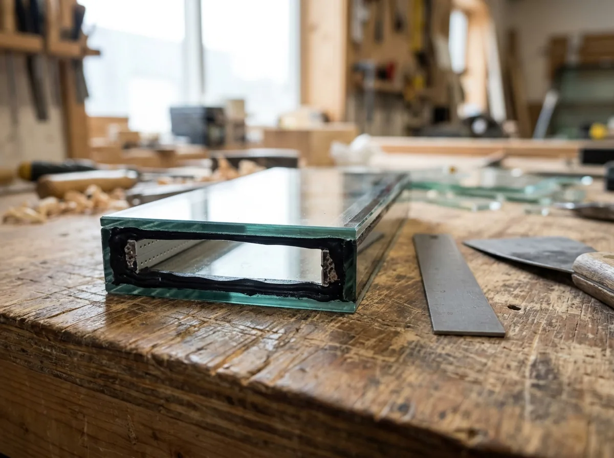 Cross-section of a double-pane window edge on a workbench showing the two panes, the gap between them and the sealed spacer at the edge