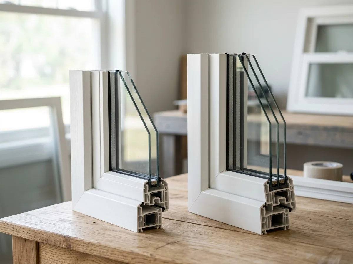 Side-by-side corner samples of a double-pane and a triple-pane vinyl window sash, the triple visibly thicker with three layers of glass