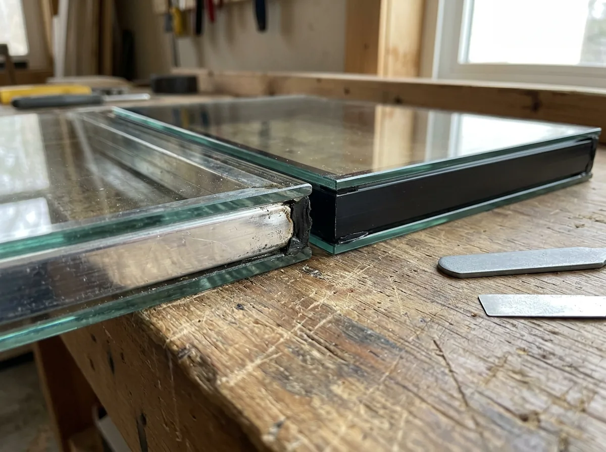 Corner of an insulated glass unit showing a black warm-edge spacer bar between the panes instead of a shiny aluminum one