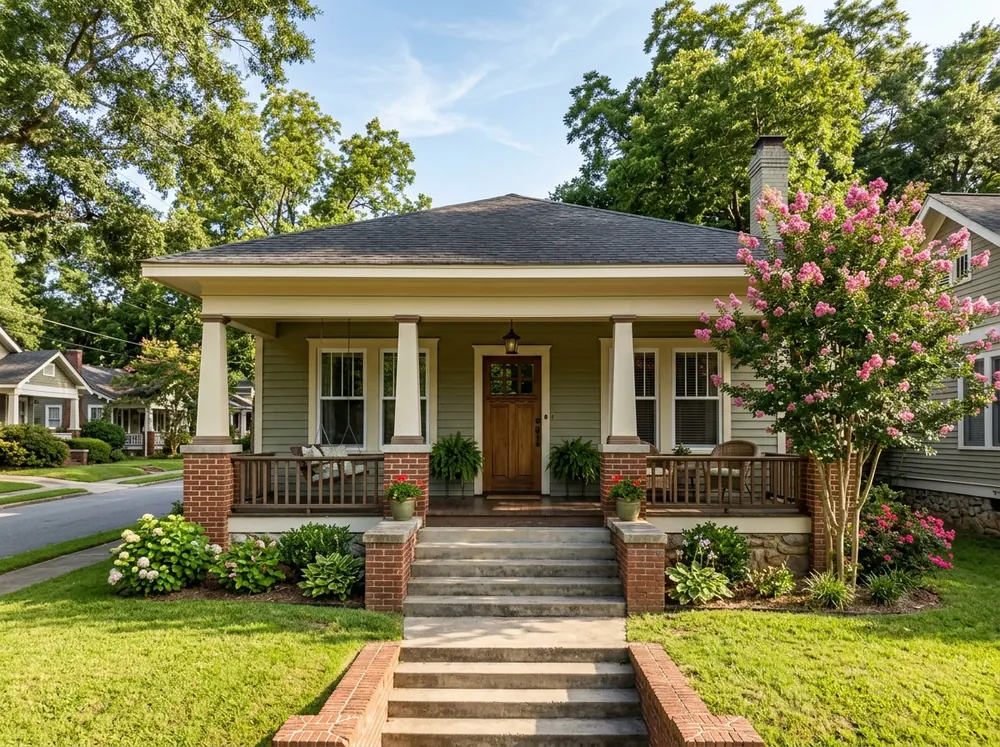 White composite double-hung replacement windows with simulated divided lites on the front of a 1930s craftsman bungalow with a deep porch, tapered columns and a crepe myrtle by the steps