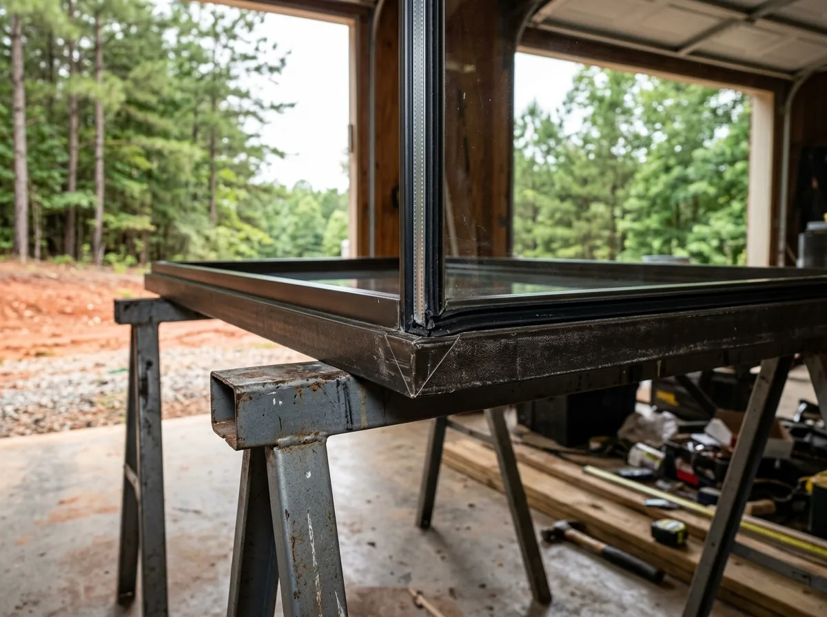 Corner section of a narrow dark bronze fiberglass window frame with double-pane glass, resting on plain gray unbranded sawhorses in a garage, red clay visible outside the open door