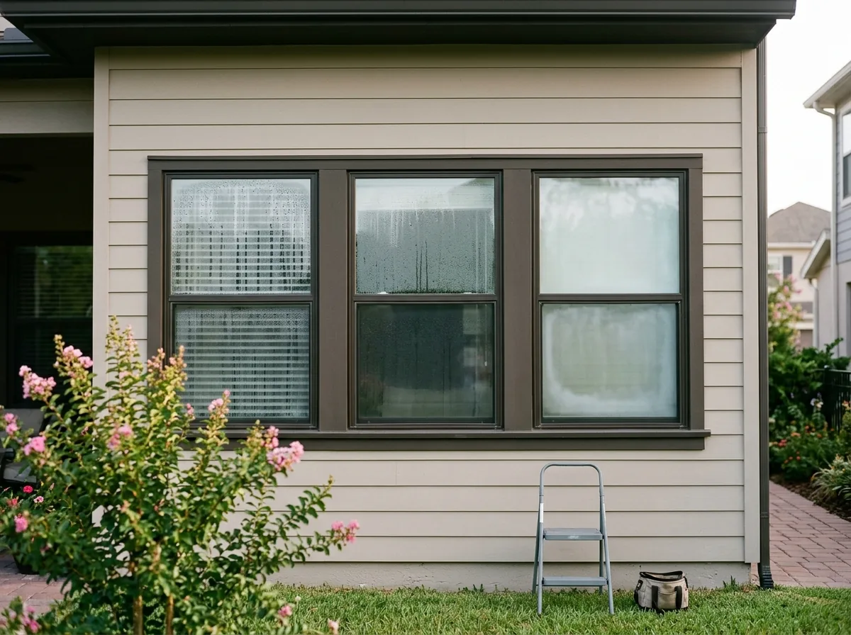 Three window panes side by side showing water beads on the room side, dew on the outside face and a milky haze trapped between the panes