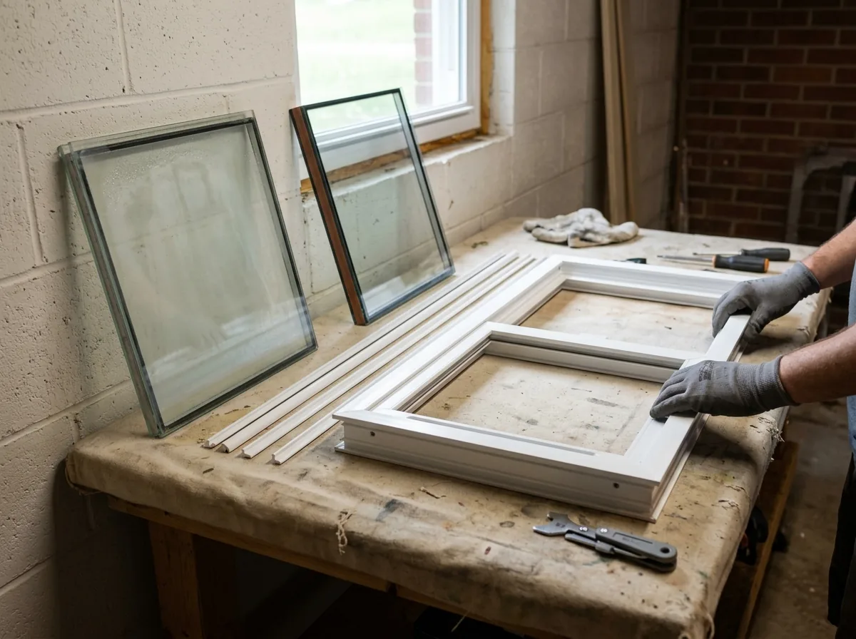 Window sash lying flat on a padded bench with the glazing beads removed and a new double-pane glass unit beside it, plain gray unbranded tools