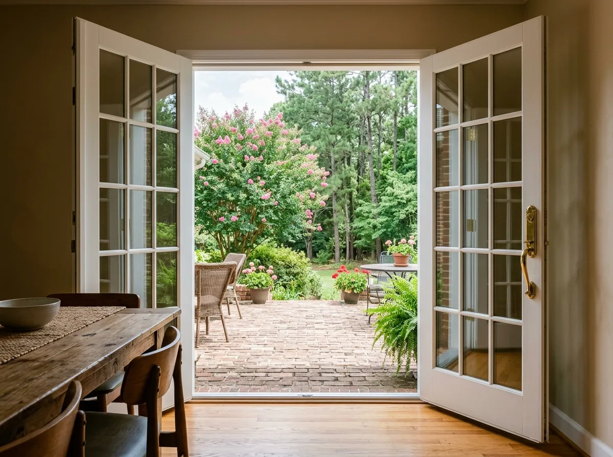 Pair of white inswing french doors standing open into a dining room, both glass leaves swung back against the interior walls, brick patio beyond