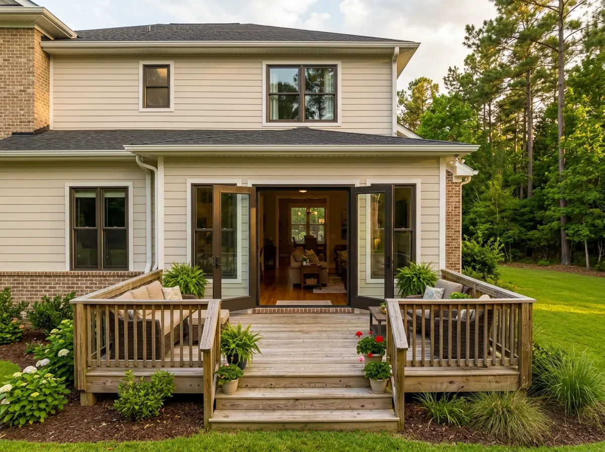 Pair of dark bronze outswing french doors opening out onto a wood deck with pine trees behind, hinges visible on the exterior side