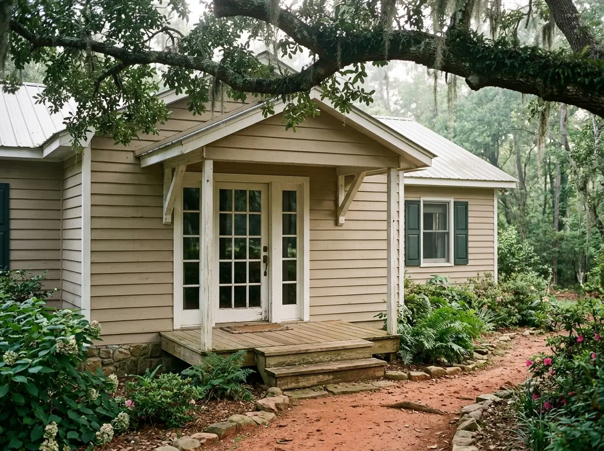 Single full-glass french door painted white with a narrow fixed glass sidelite on each side, set in a tan-sided cottage wall under a small porch roof