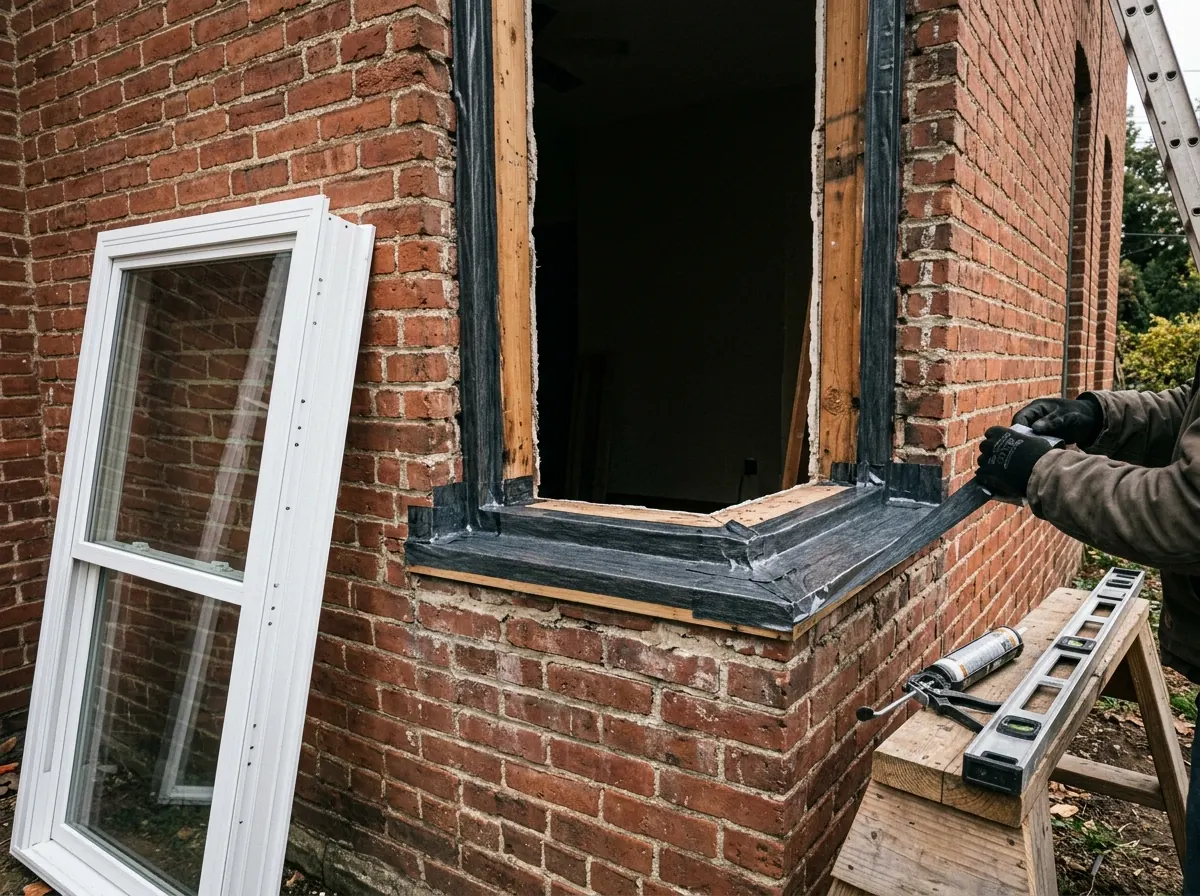 Brick wall with an old window frame removed and the rough opening wrapped in black flashing tape, a new white vinyl window leaning beside it