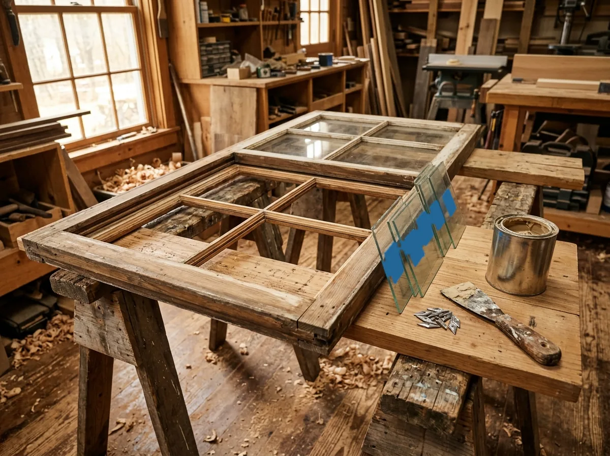 Old wood double-hung sash laid flat on sawhorses with the putty scraped out of the rabbets, glass panes numbered with tape and stacked beside it, plain gray unbranded tools