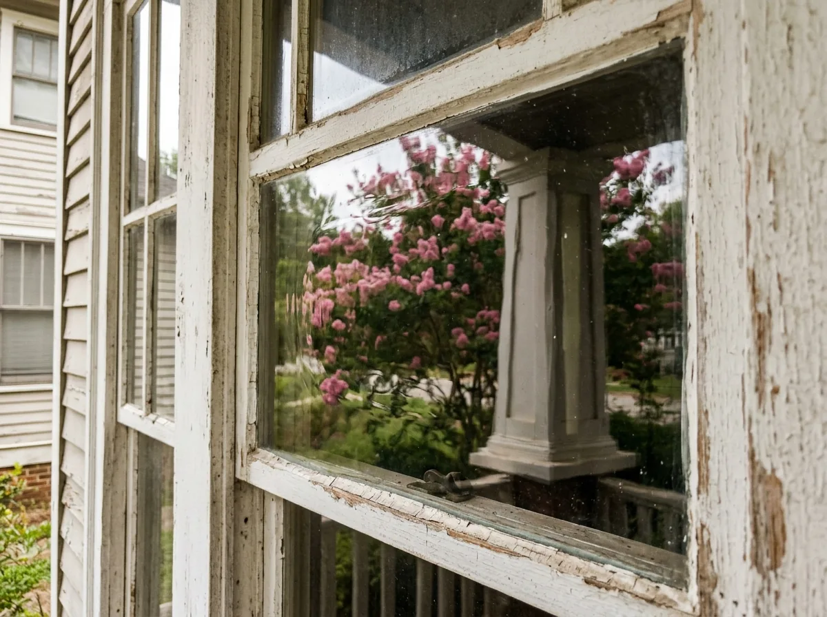 Close view of wavy old window glass in a painted wood sash with a crepe myrtle outside, its reflection rippled across the pane