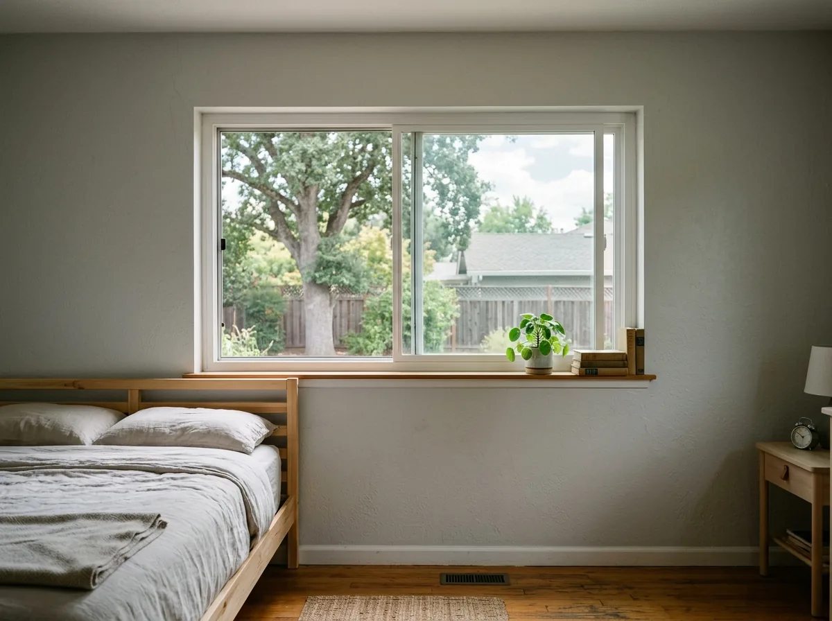 A wide two-panel horizontal sliding window in a ranch-house bedroom, one sash partly open with a screen behind it