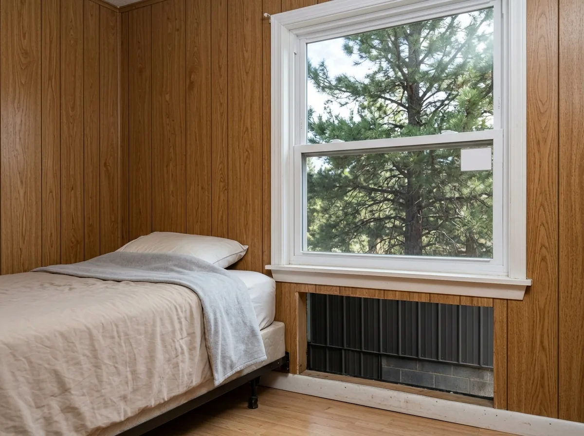 Open egress window in a small bedroom of a manufactured home, with a small blank operating label on the side of the frame