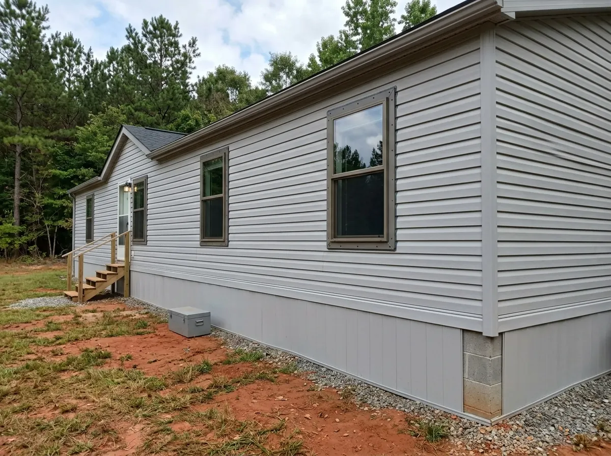 Bronze aluminum flange-mount window on the side of a manufactured home on a skirted block foundation, not a travel trailer, no wheels or hitch, pine trees and red clay yard