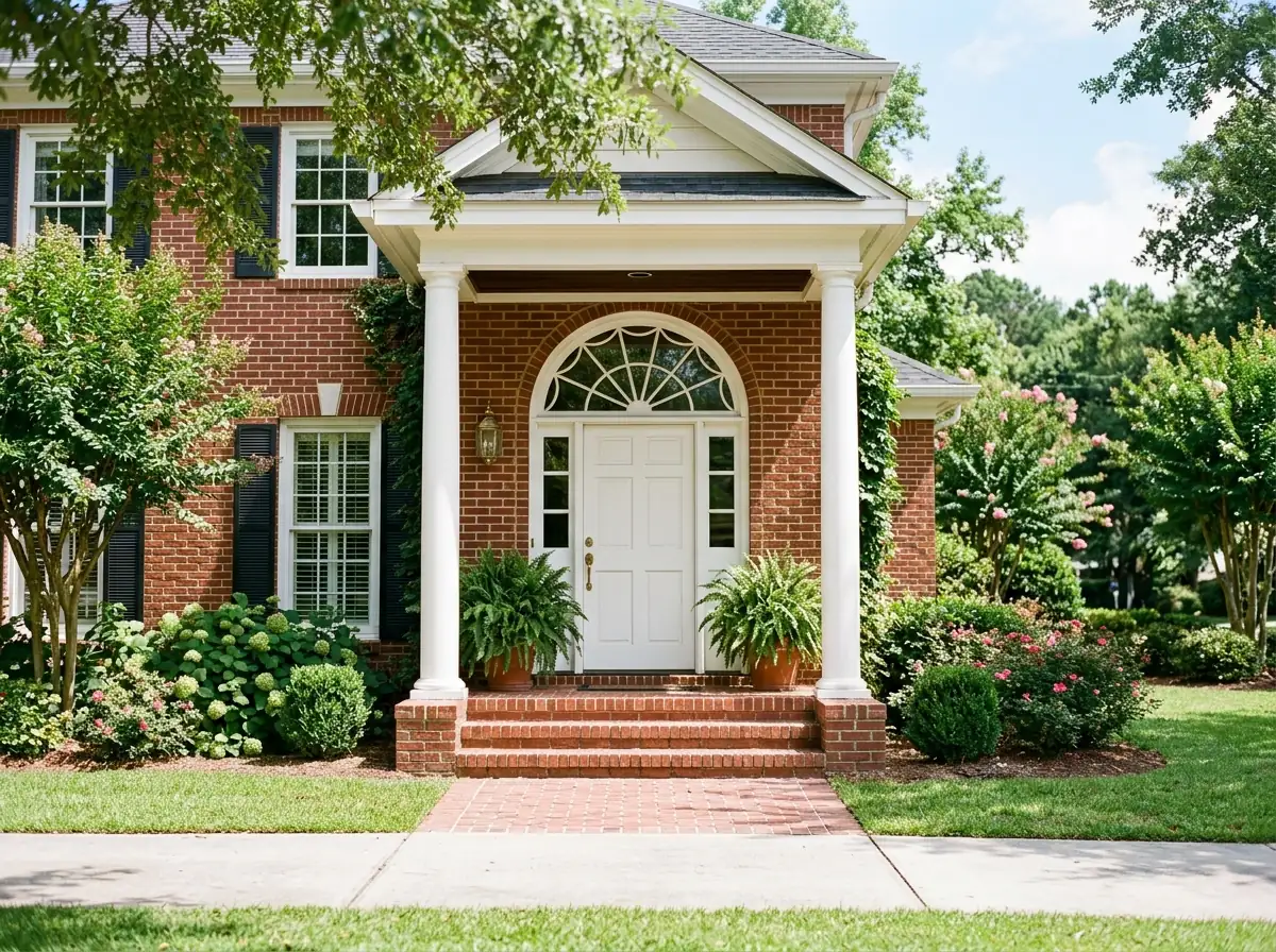 Half-round arched transom window over a white front door on a two-story brick house, fan-pattern grilles in the glass, porch columns either side