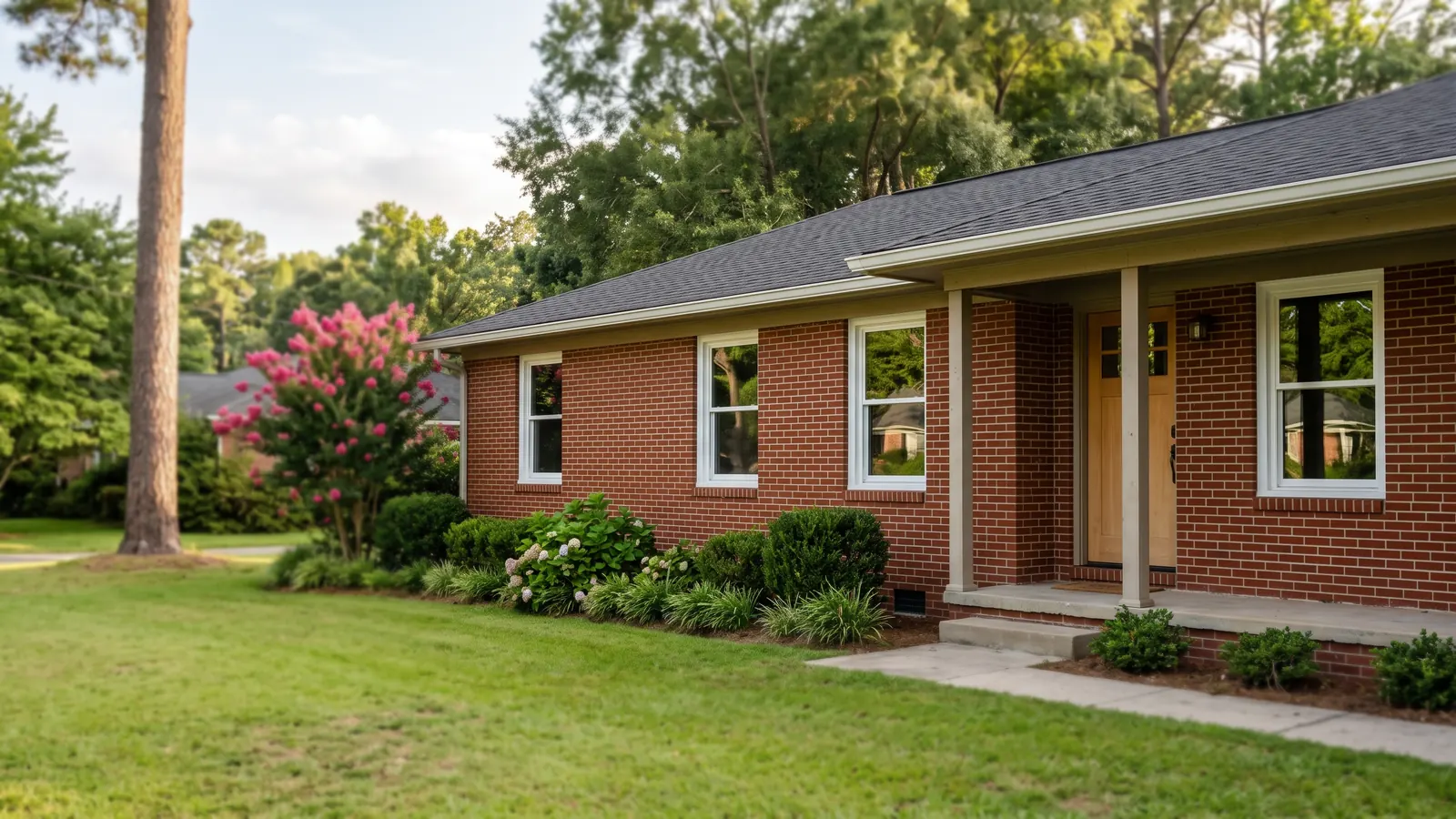 Single-story red brick ranch house with new white double-hung replacement windows and a pink crape myrtle by the lawn