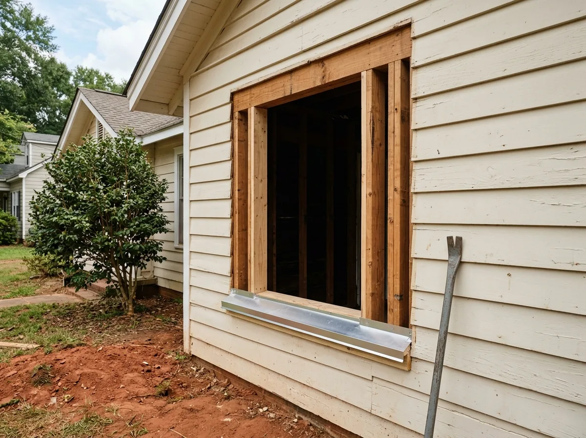 An empty window rough opening in a lap-sided wall with the old frame removed, bare studs, header and a new sloped sill visible