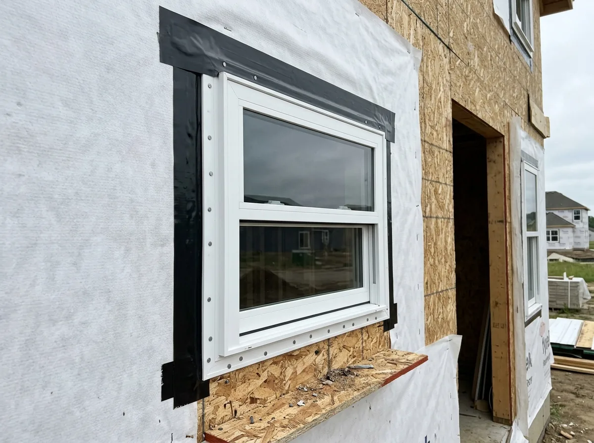 A new white window with a nailing flange fastened to wall sheathing, black flashing tape lapped over the flange at the jambs and head