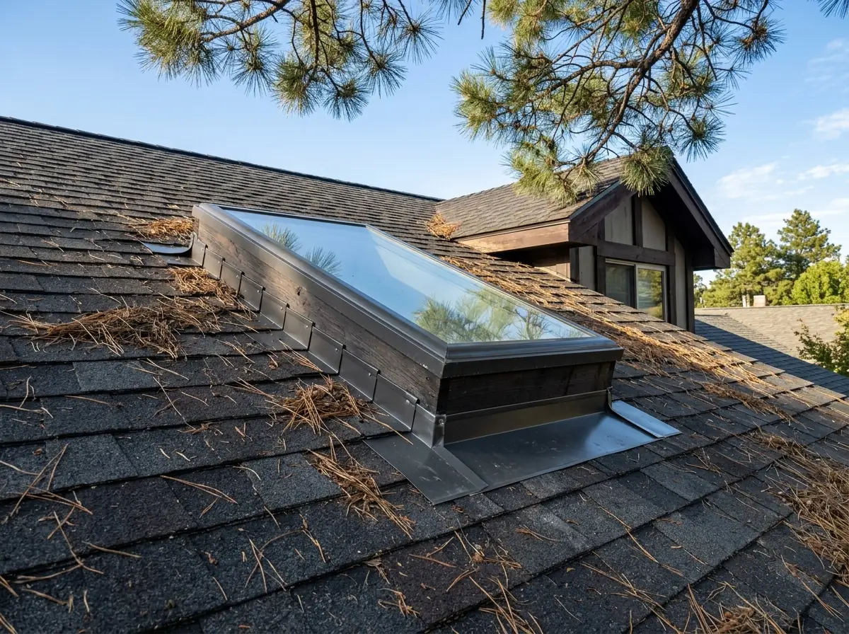 Asphalt shingle roof on a two-story house with a curb-mounted skylight sitting on a raised wood curb wrapped in metal step flashing, pine branches overhead