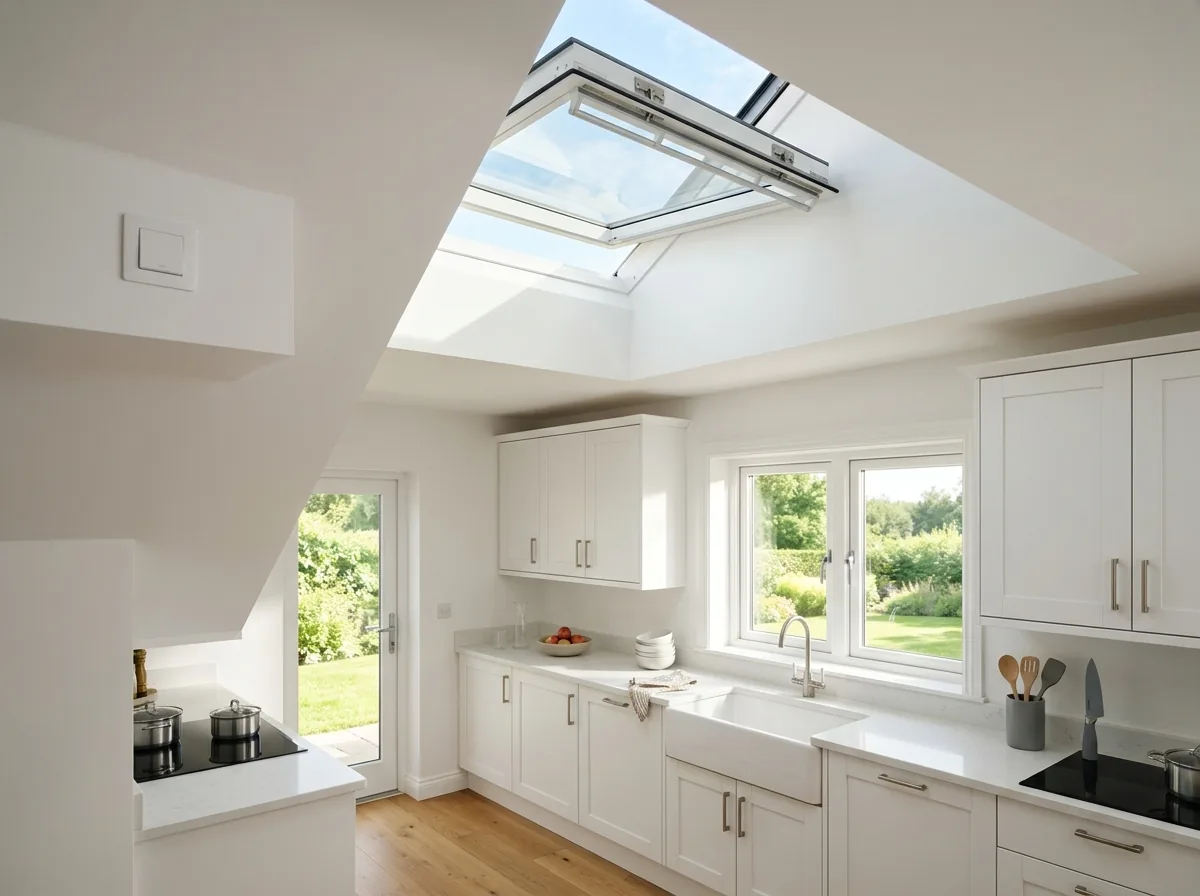Bright kitchen ceiling with a venting skylight tilted open at its lower edge, a white light shaft below and a small wall control