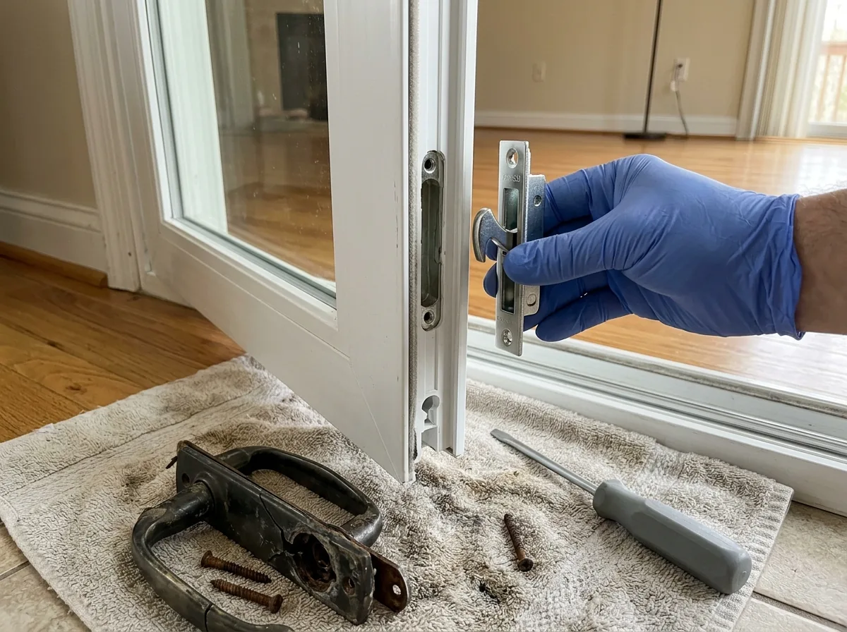 Hand in a work glove holding a new mortise latch and keeper next to the open edge of a white vinyl sliding door, with an old broken handle set on the floor