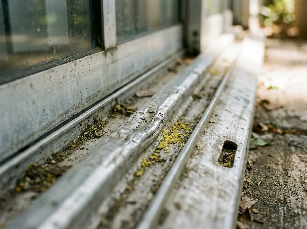 Close view of an aluminum sliding door sill track with a dented, worn rail and grit packed into the channel beside the door frame