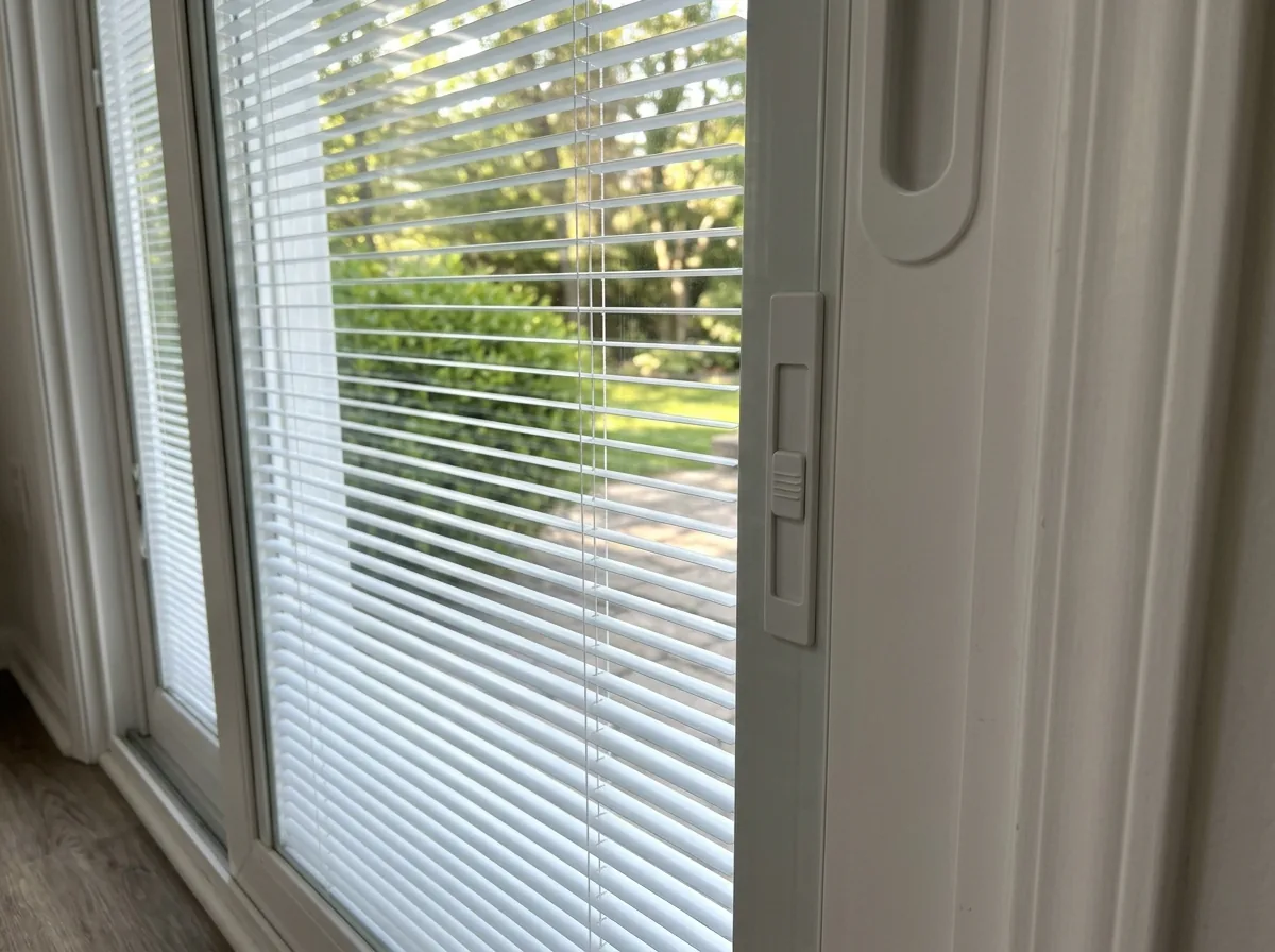 Close-up of a sliding glass door with white mini-blinds sealed between the two panes of glass and a slim slide control on the frame