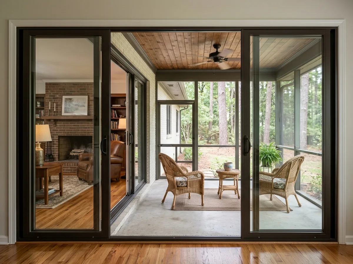 A wide four-panel sliding glass door with dark bronze frames opening onto a screened porch, the two center panels slid apart