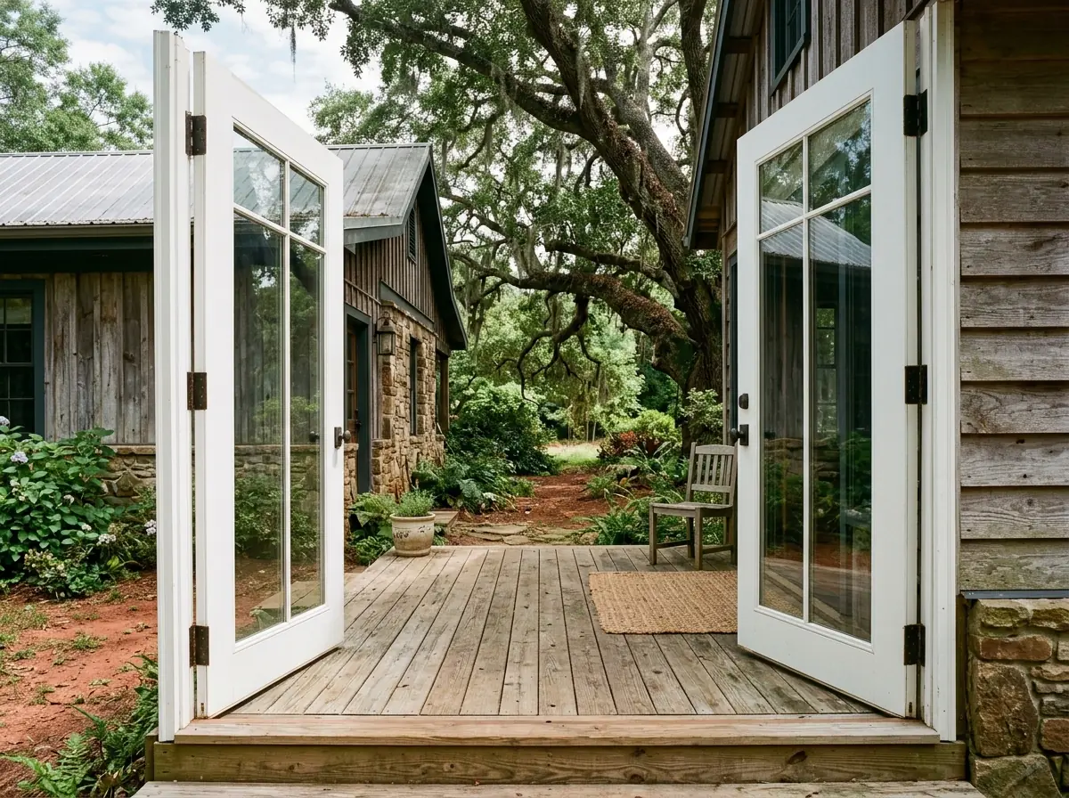 A pair of white hinged patio doors with full-glass panels standing open onto a small deck, a live oak shading the yard