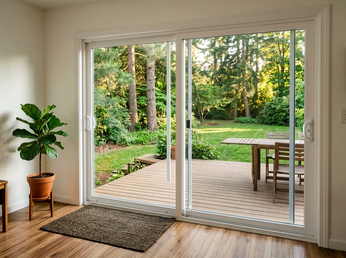 View through a new two-panel white sliding glass patio door onto a wood deck and a green backyard with pine trees