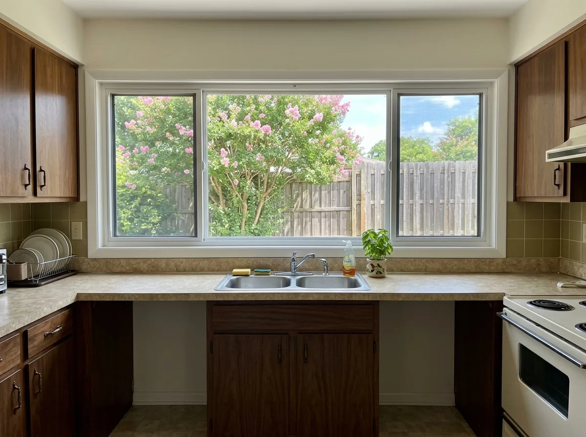 Long three-panel end-vent sliding window above a kitchen counter in a split-level house, fixed center glass with a sash open at each end, crepe myrtle outside