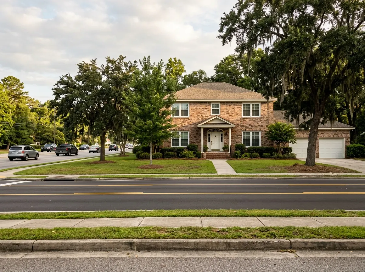 Two-story brick home facing a road with new double-pane windows, the glass edge showing one thicker and one thinner pane in each sash