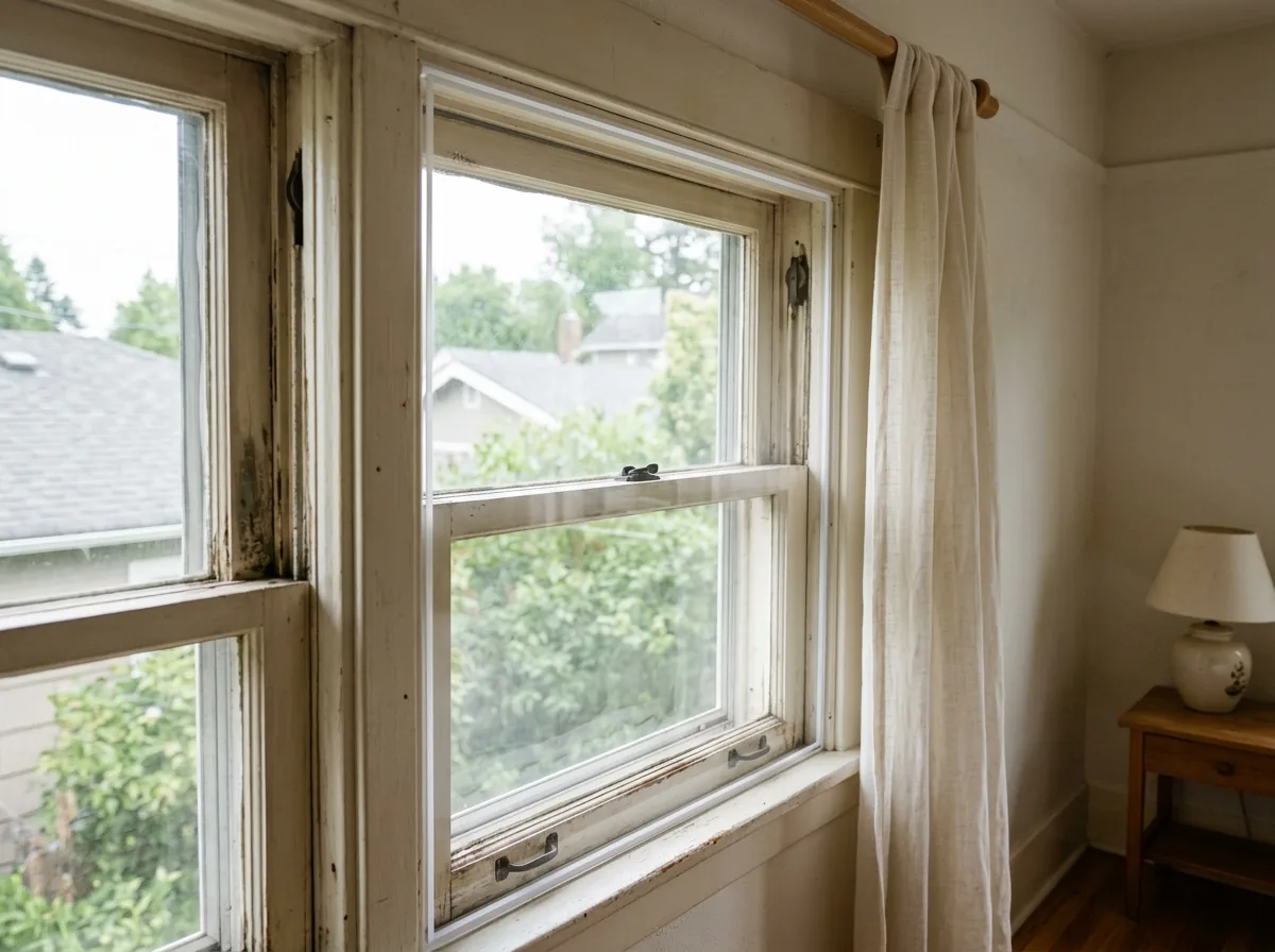 Clear acoustic window insert pressed into the interior frame of an older wood double-hung window, a few inches inside the original glass