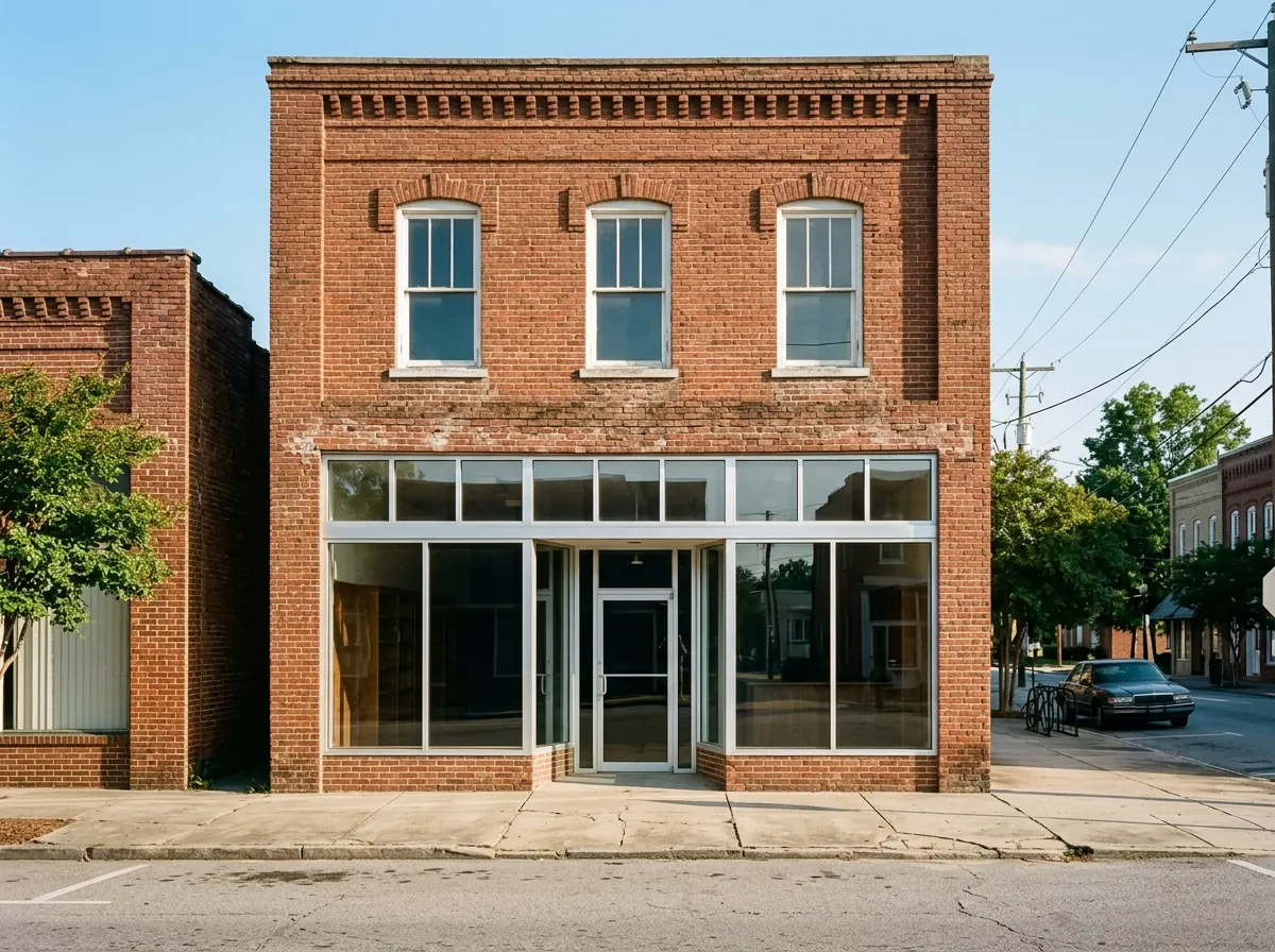 Ground-floor retail storefront of clear-anodized aluminum framing with tall glass lites and a transom row, set in an older brick commercial building on a sunny street