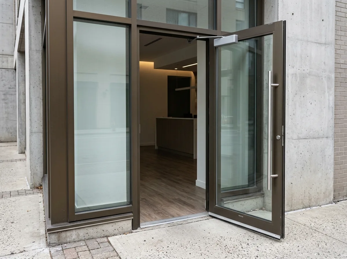 Aluminum and glass storefront entrance door held partly open by an overhead closer, a vertical pull handle and a low threshold at the sidewalk